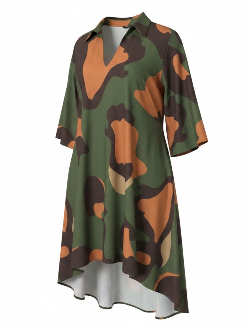 Olive & Tan Camouflage High-Low Dress with V-Neck